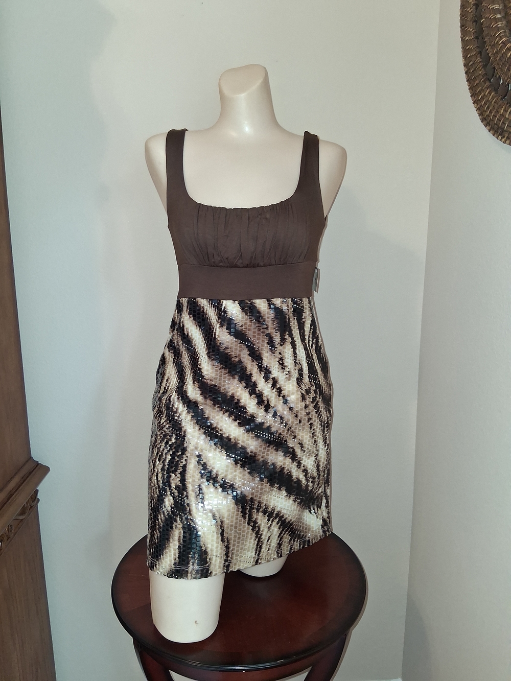 Moa Moa Brown & Cream Sequin Animal-Print Mini Dress